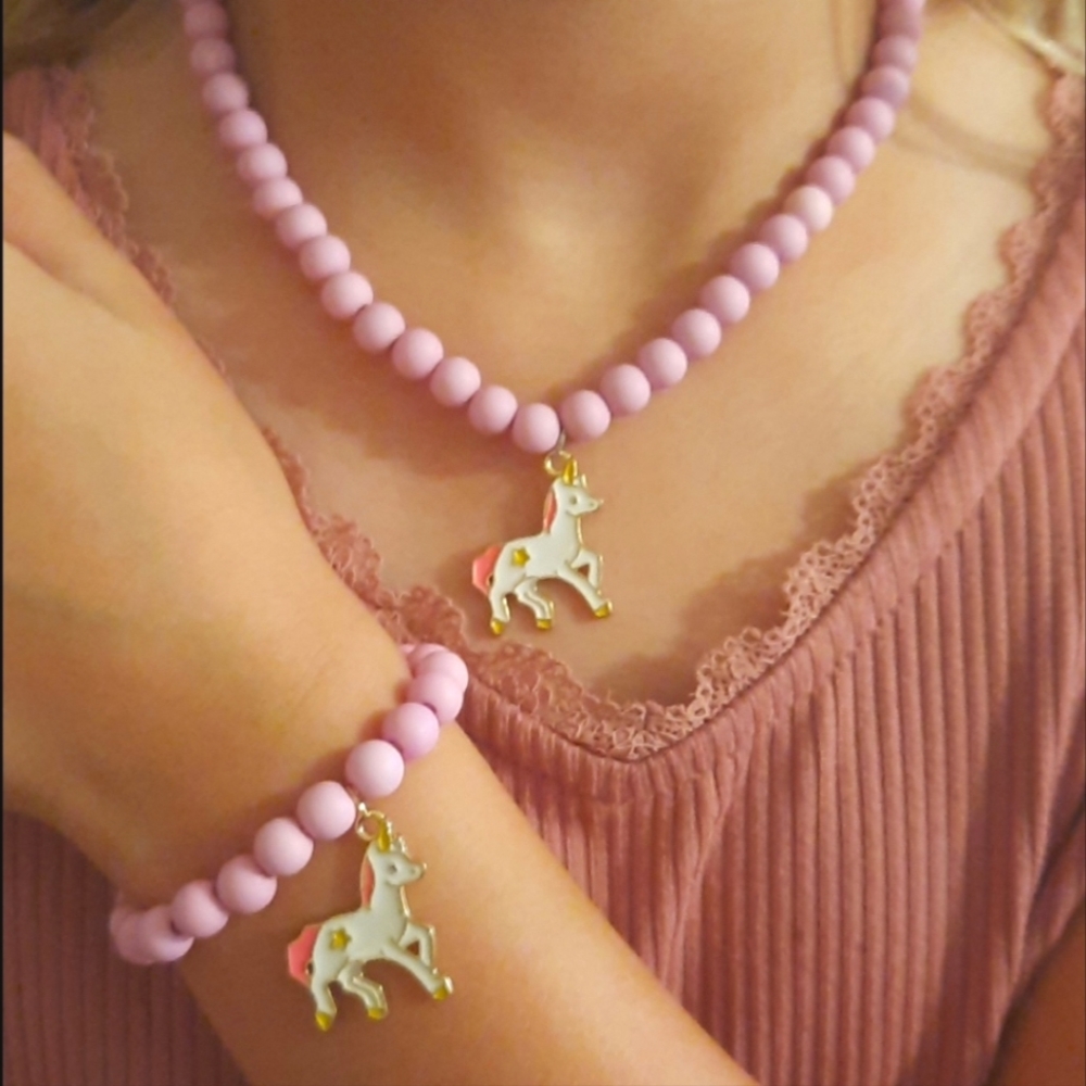 Kids Jewelry 2pcs/set Unicorn Charm Beaded Necklace & Bracelet 🦄